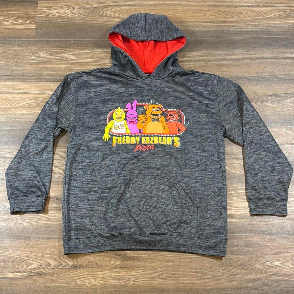 Gray Freddy Fazbear's Pizza hoodie with graphic of four cartoon characters